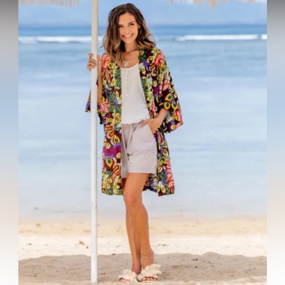 Novica Multicolored Floral Rayon Robe in Rosewood from Indonesia Sz S M Peacock
